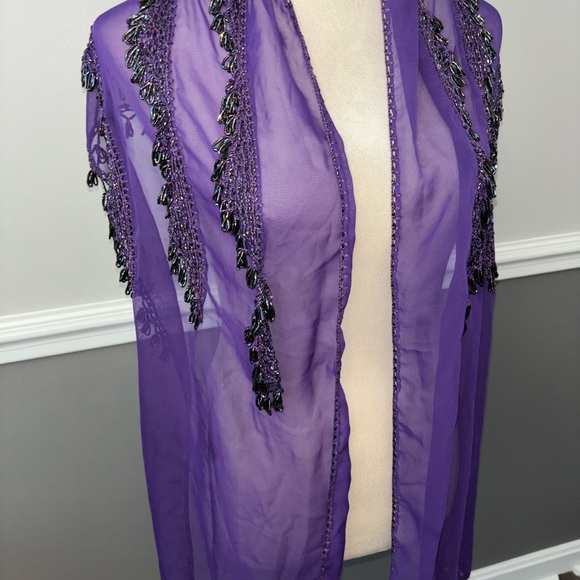Elegant Purple Sheer Shawl with Beaded Fringe - Picture 2 of 6